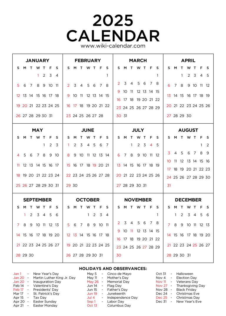 Year 2025 Calendar Printable with Holidays Wiki Calendar