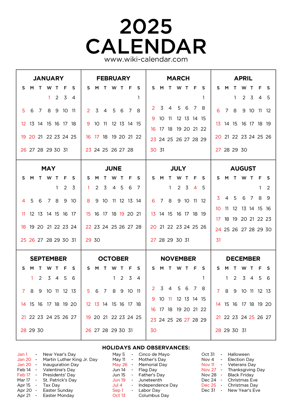 Year 2025 Calendar Printable with Holidays - Wiki Calendar
