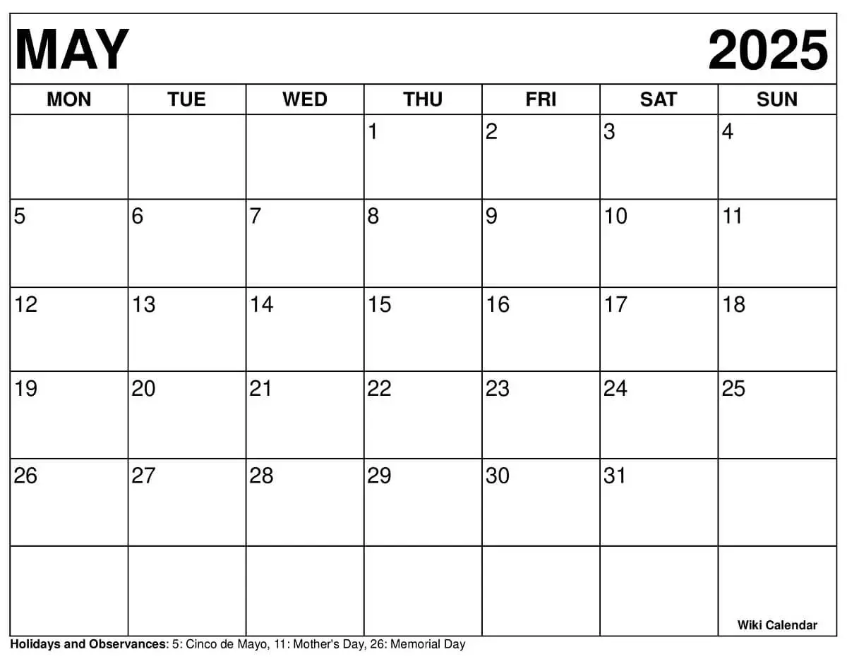 May 2025 Calendar Monday Start May 2025 Calendar Monday Start