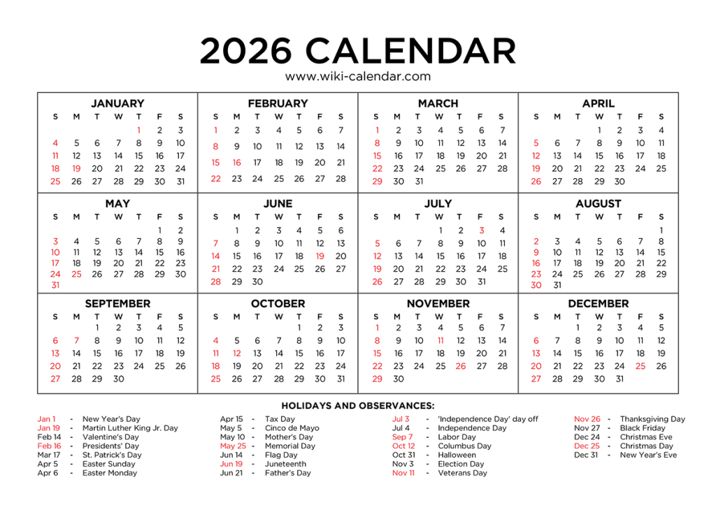 2026 Calendar Printable - Free PDF with Holidays 1 2026 Calendar with US federal holidays