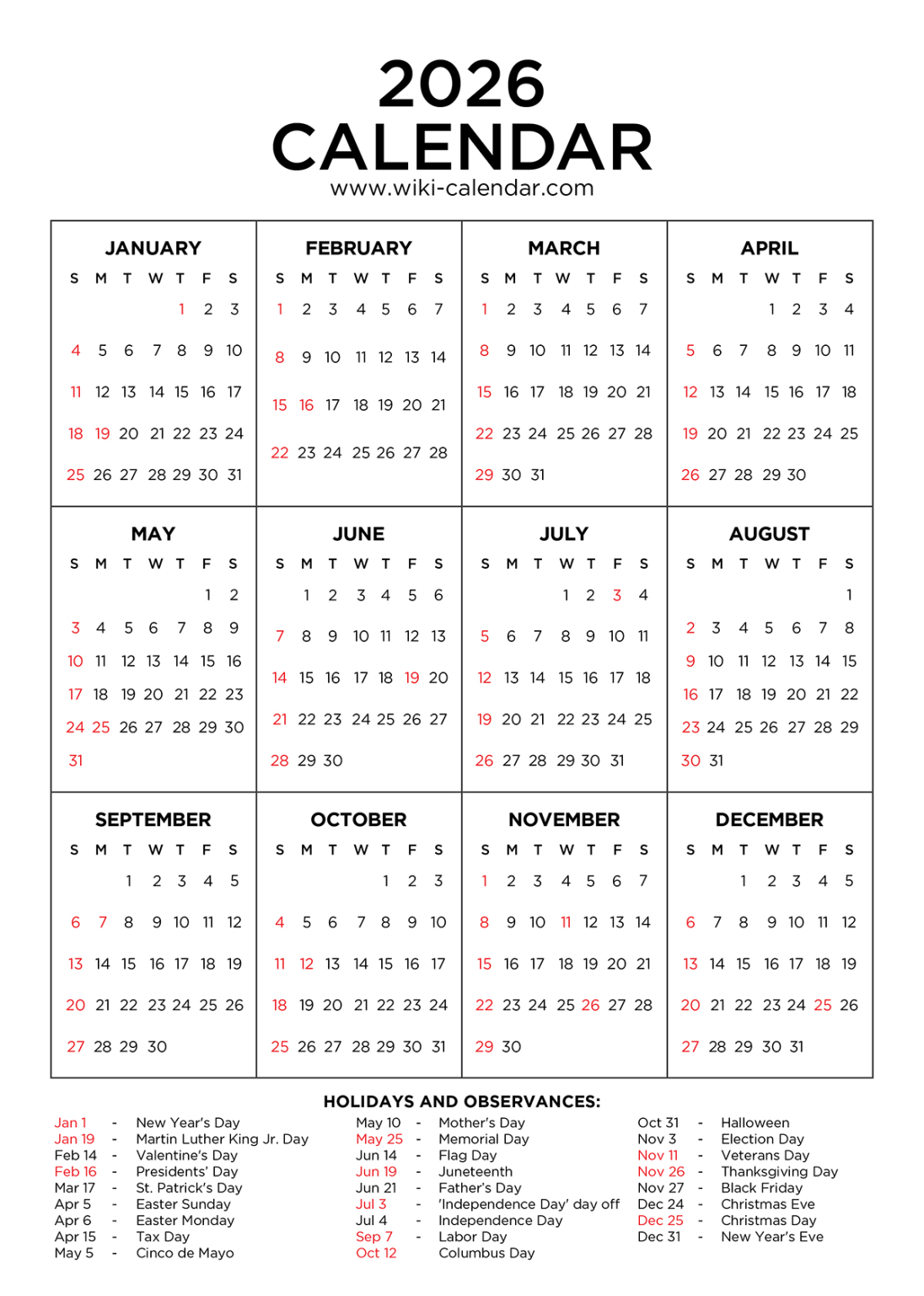 2026 Calendar Printable - Free PDF with Holidays