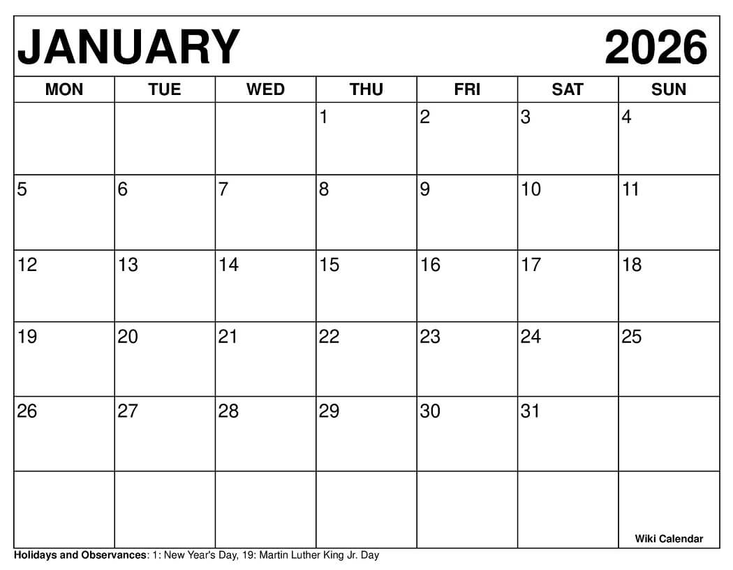 January 2026 Calendar Monday Start January 2026 Calendar Monday Start