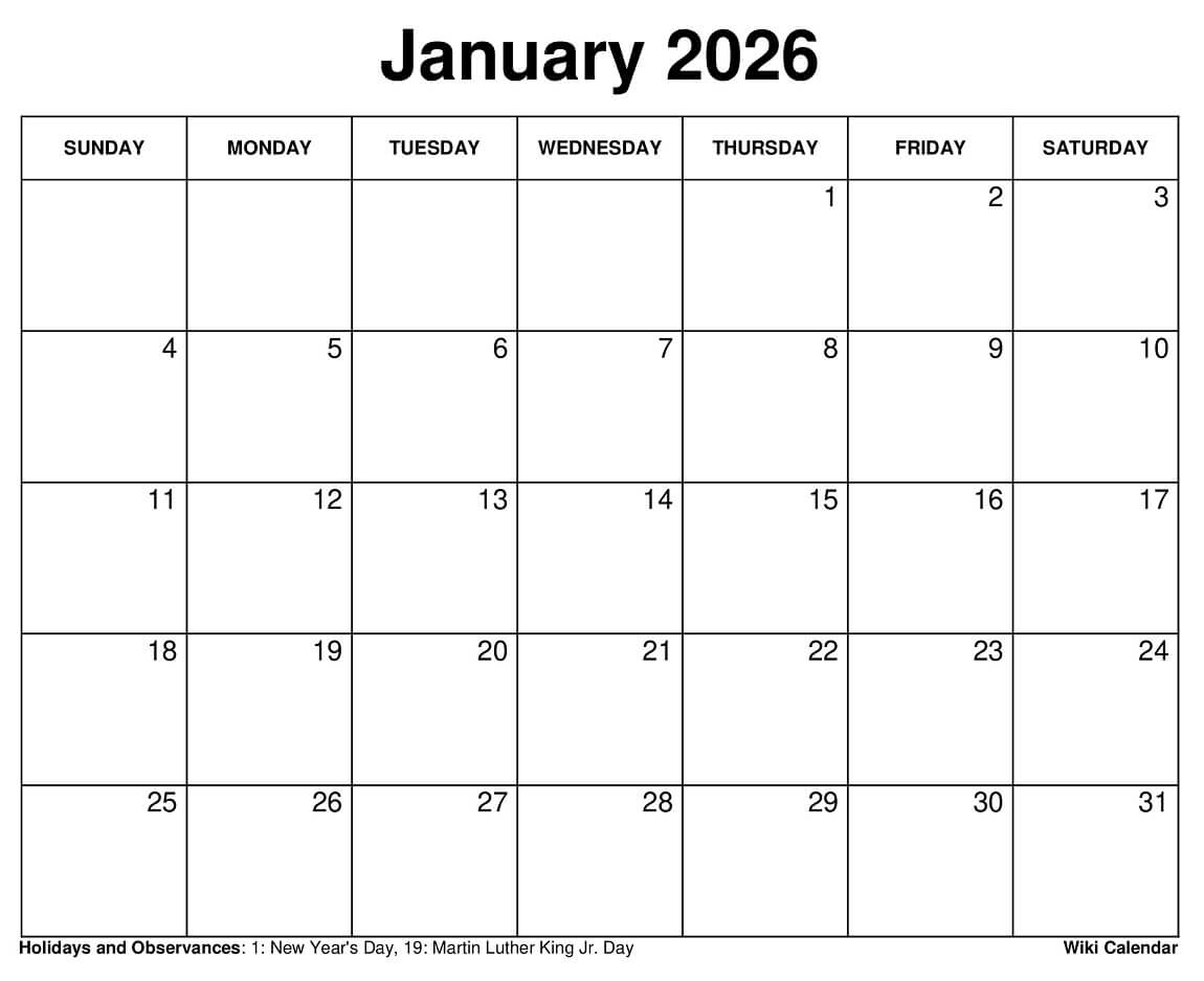 Printable January 2026 Calendar Printable January 2026 Calendar