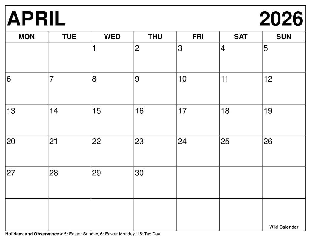 April 2026 Calendar Monday Start April 2026 Calendar Monday Start