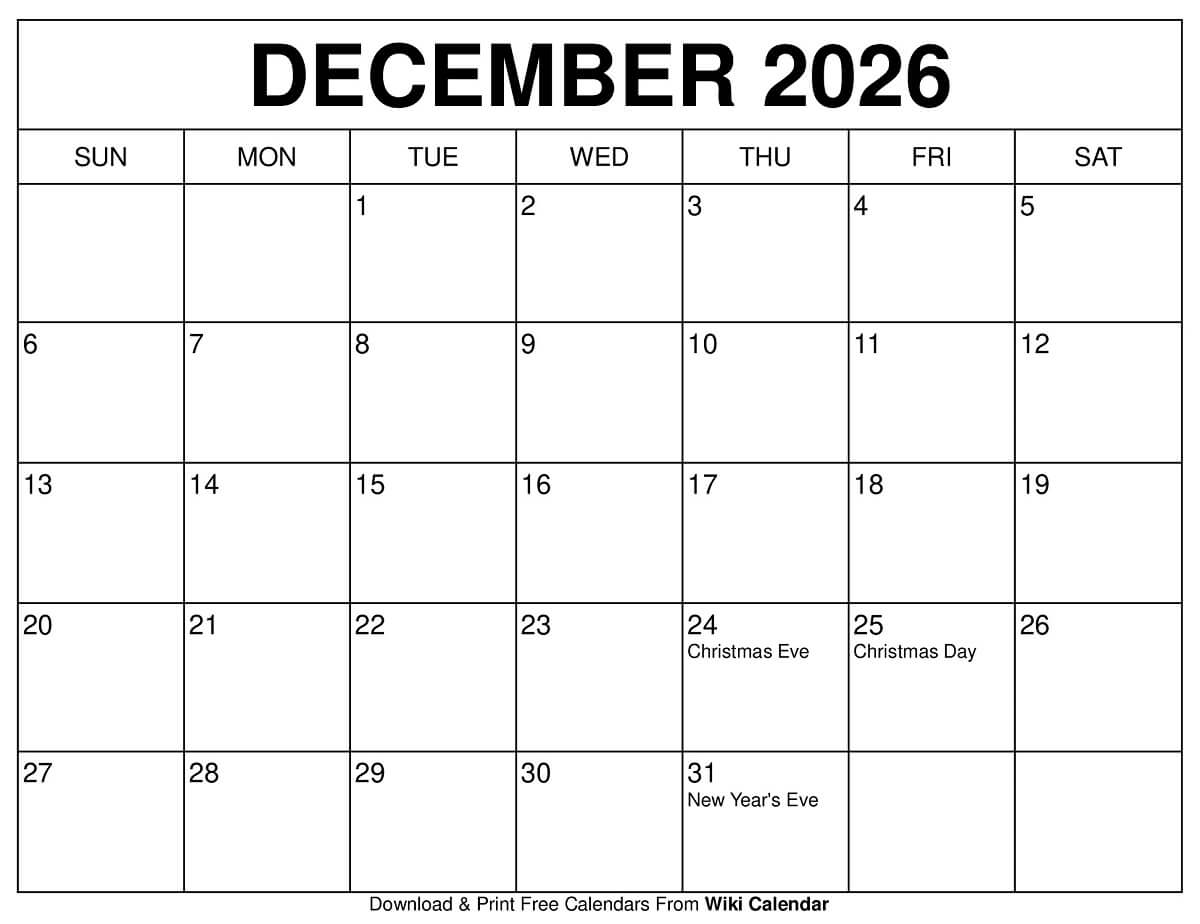 December 2026 Calendar Printable Templates More