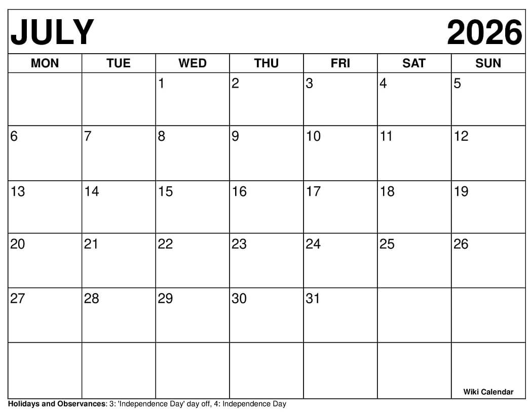 July 2026 Calendar Monday Start July 2026 Calendar Monday Start