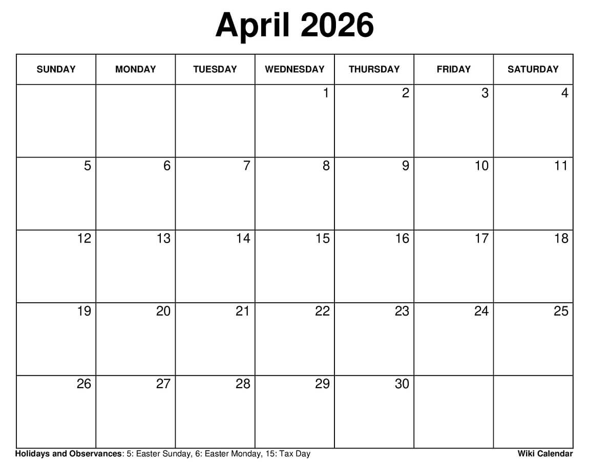 Printable April 2026 Calendar Printable April 2026 Calendar