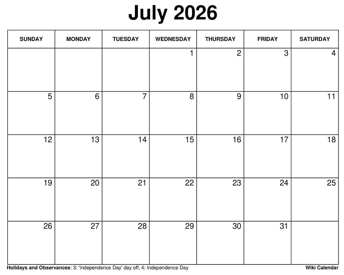 Printable July 2026 Calendar Printable July 2026 Calendar