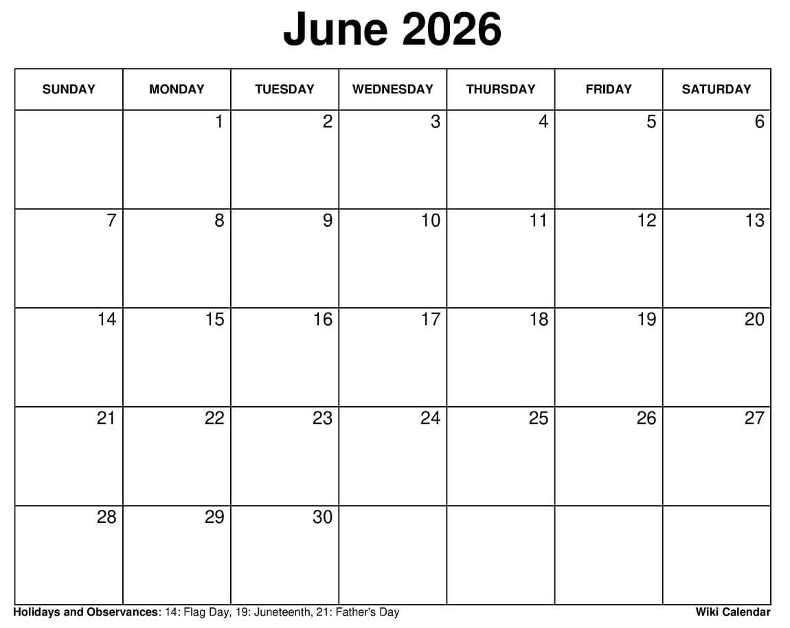 Printable June 2026 Calendar Printable June 2026 Calendar