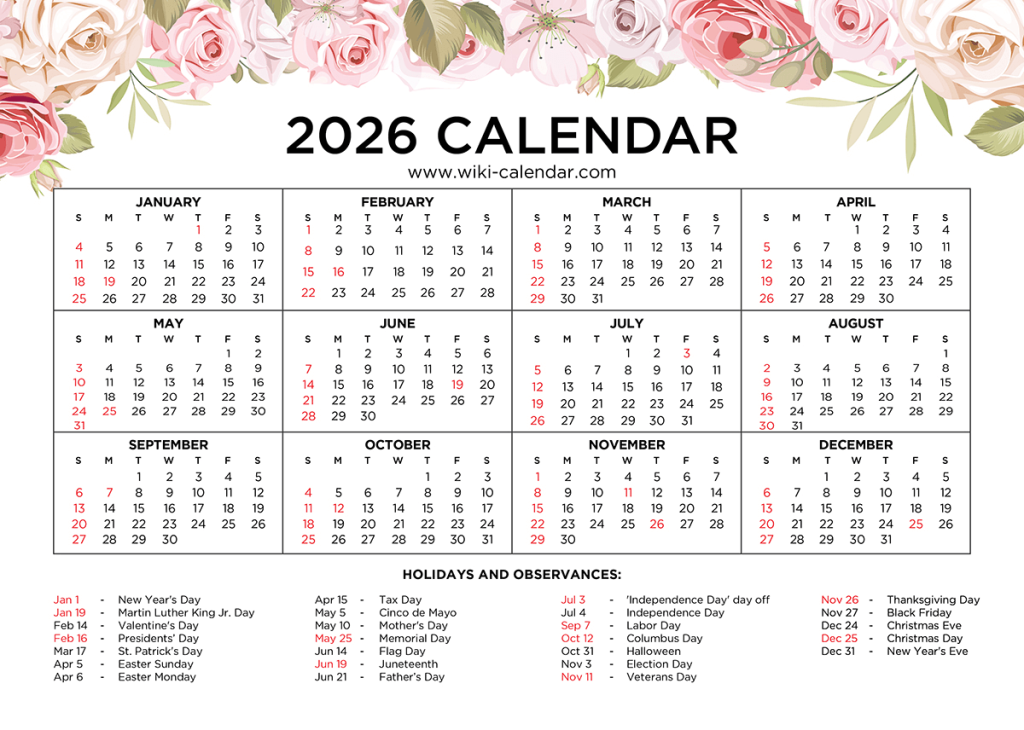 Floral Calendar 2026 - Free Printable PDF Download