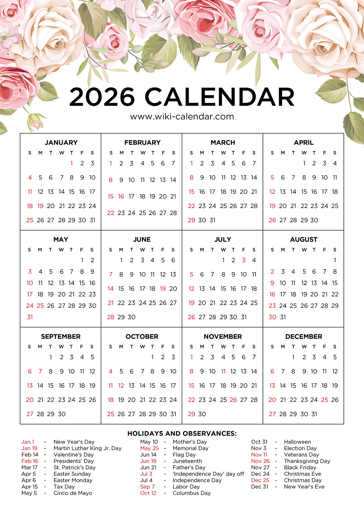 Printable Floral Calendar 2026 Printable Floral Calendar 2026